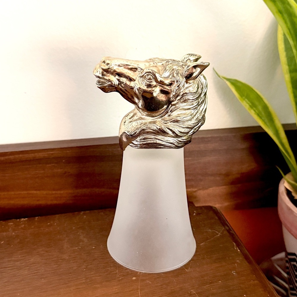 Vintage Equestrian Silver Plate Nickel Horse Head Frosted Glass Stirrup Cup